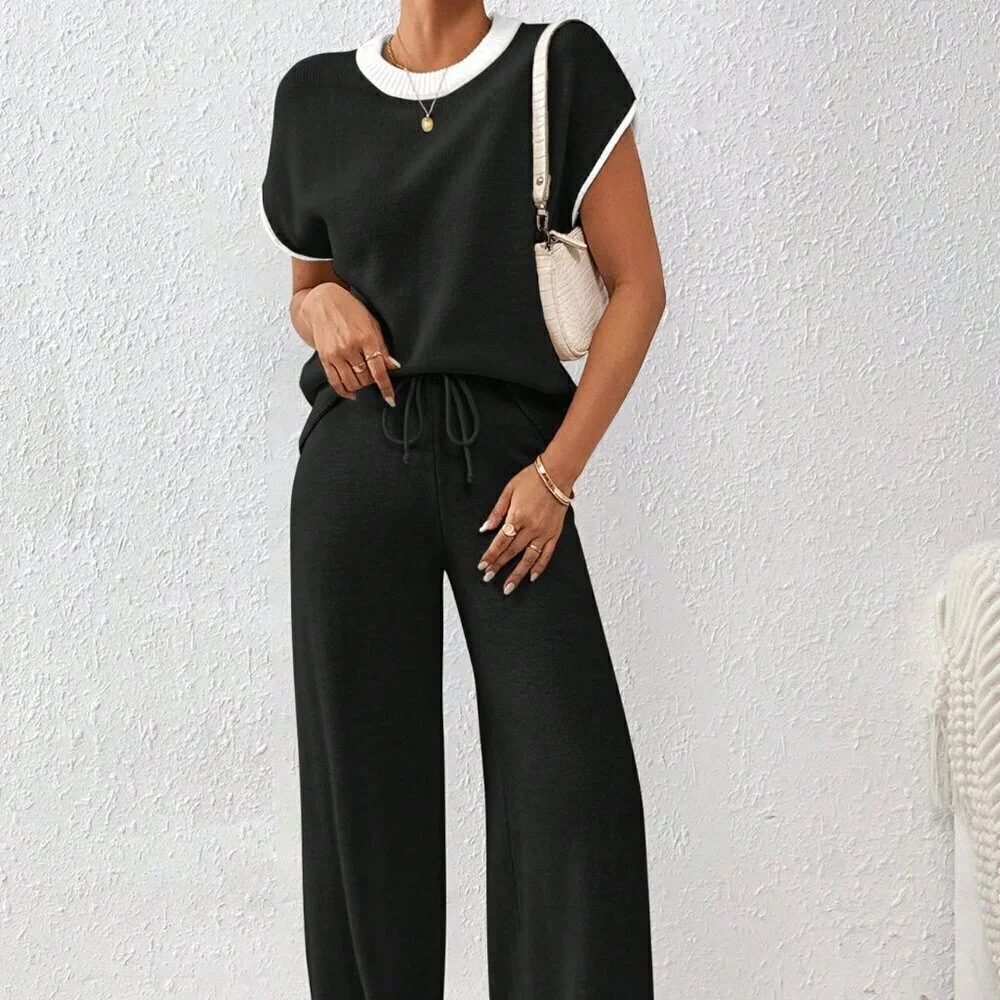 Black Preppy Women's Loose Knit Casual Contrast Trim Drawstring Sweater & Pants
